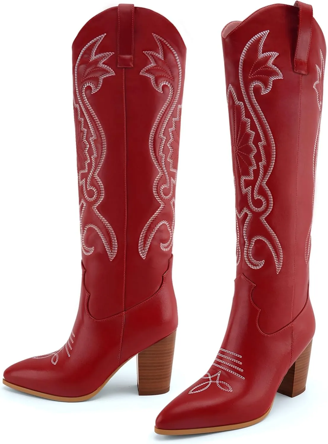 WIRALOMI Women Western Knee High Boots Embroidered Chunky Block Heel Cowboy Boots Pointed Toe Pull on Cowgirl Boots