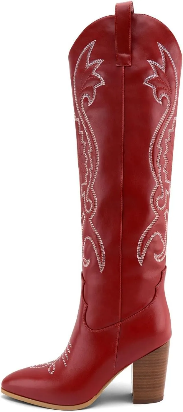 WIRALOMI Women Western Knee High Boots Embroidered Chunky Block Heel Cowboy Boots Pointed Toe Pull on Cowgirl Boots
