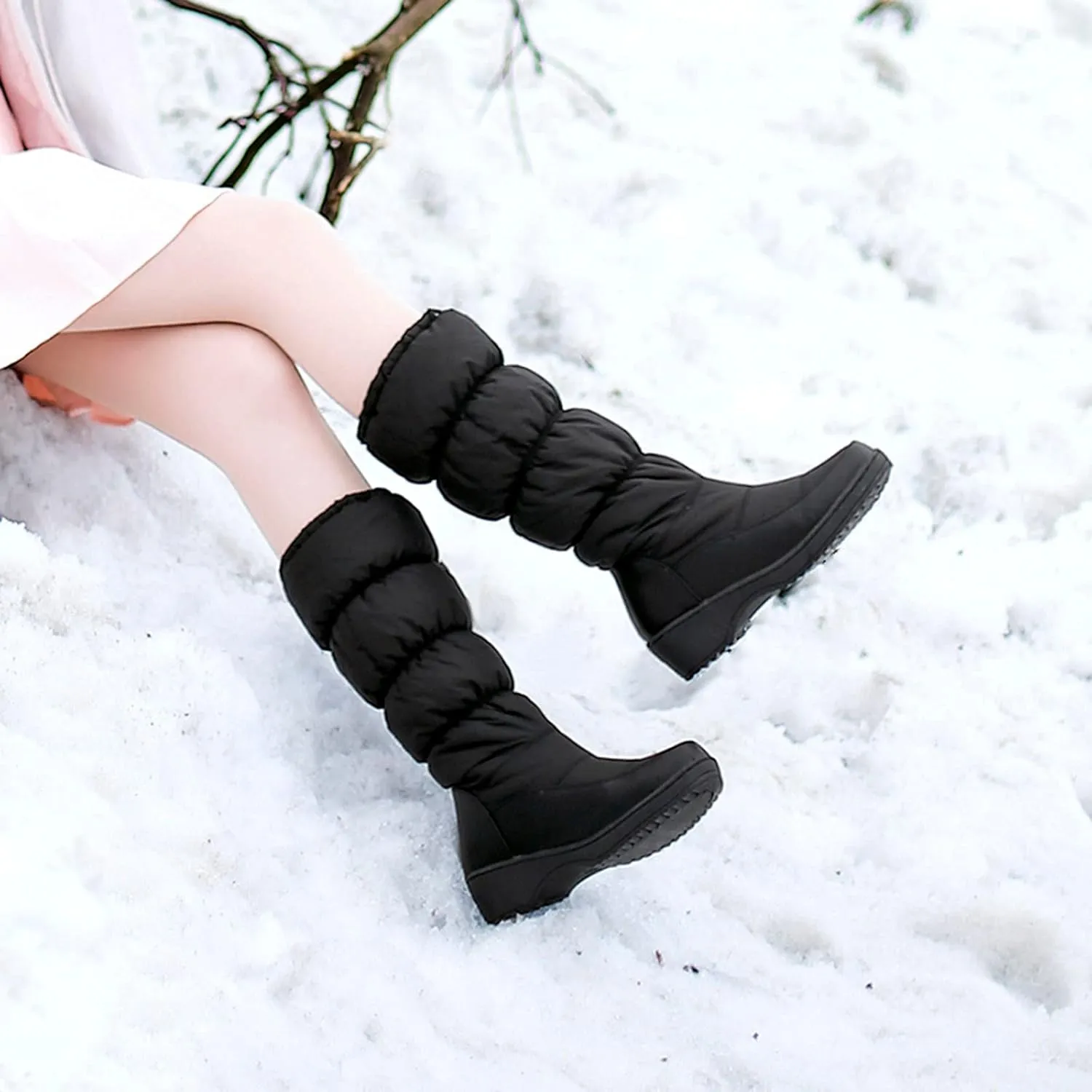 wodceeke Women's Fold Down Knee High Boots Fur Lined Platform Winter Snow Boots Outdoor Waterproof Boots