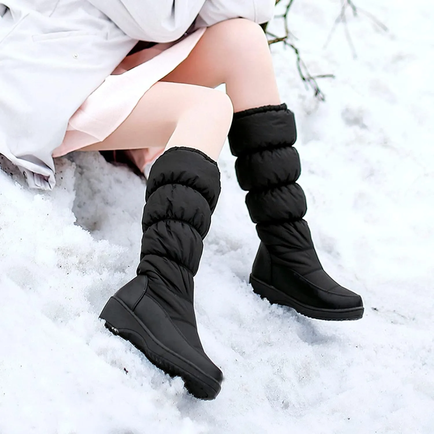 wodceeke Women's Fold Down Knee High Boots Fur Lined Platform Winter Snow Boots Outdoor Waterproof Boots