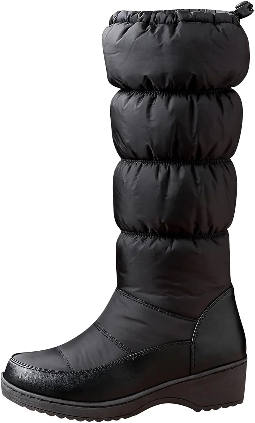 wodceeke Women's Fold Down Knee High Boots Fur Lined Platform Winter Snow Boots Outdoor Waterproof Boots