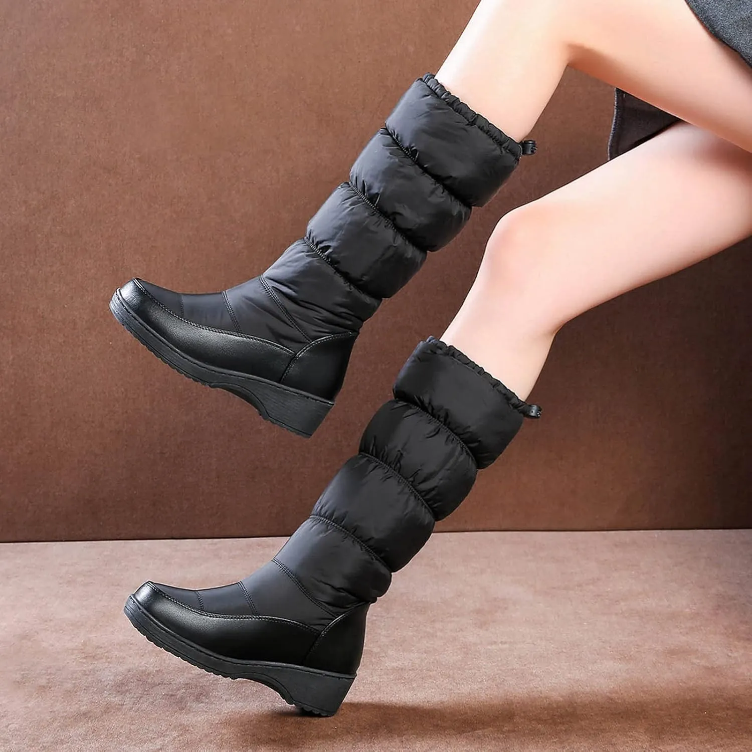 wodceeke Women's Fold Down Knee High Boots Fur Lined Platform Winter Snow Boots Outdoor Waterproof Boots