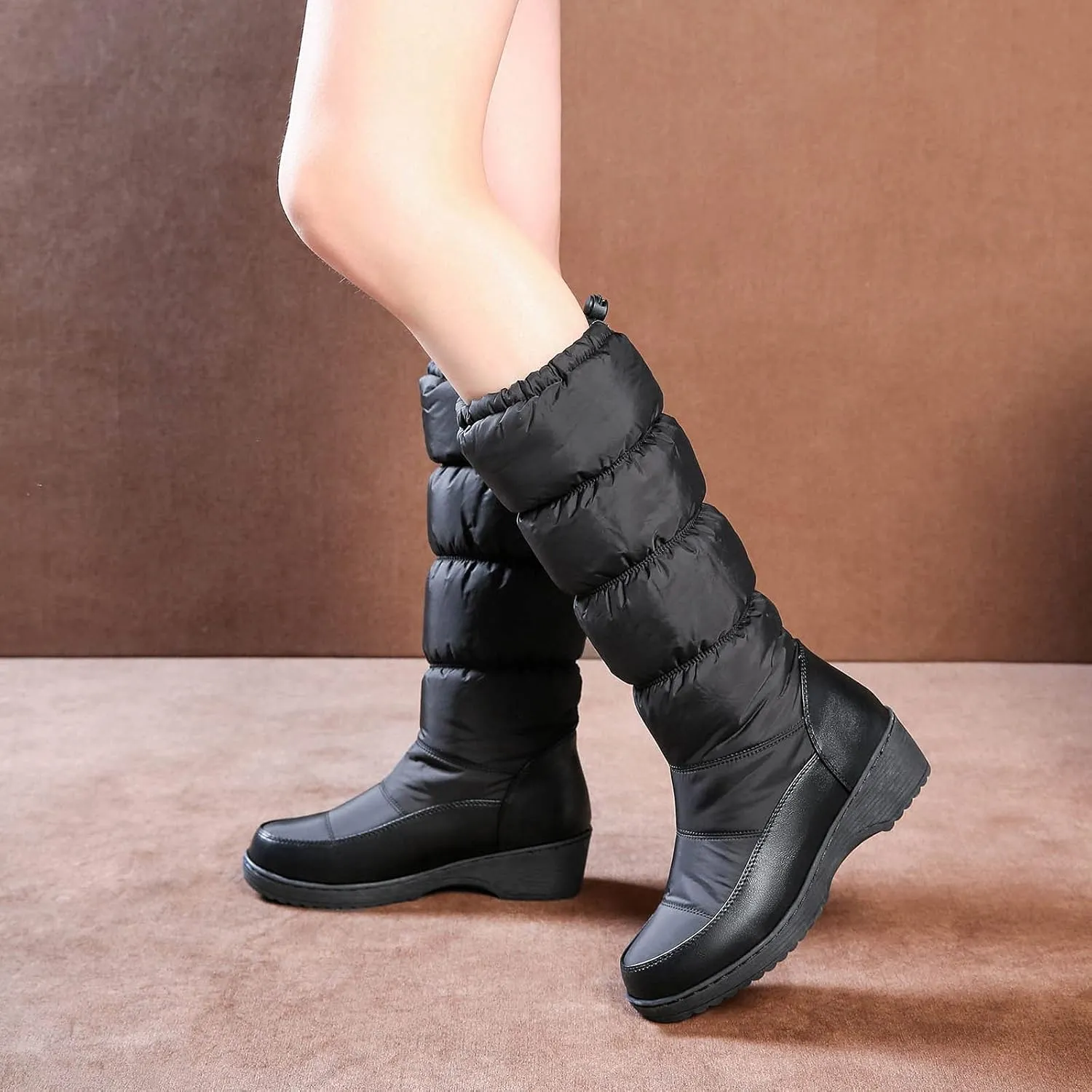 wodceeke Women's Fold Down Knee High Boots Fur Lined Platform Winter Snow Boots Outdoor Waterproof Boots