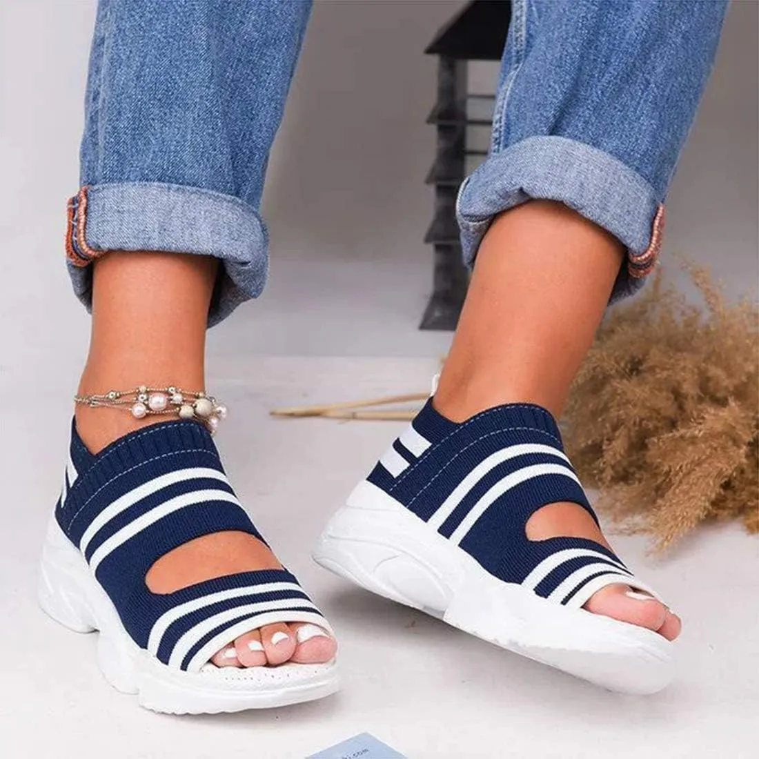 Woman Platform Sandals, Slip On Shoes Anti-Slip Walking Knitting Sock Sneakers Thick Bottom Platform Sandals Shoes Women Summer Casual Strappy Elastic Platform Sports Fish Mouth Shoes