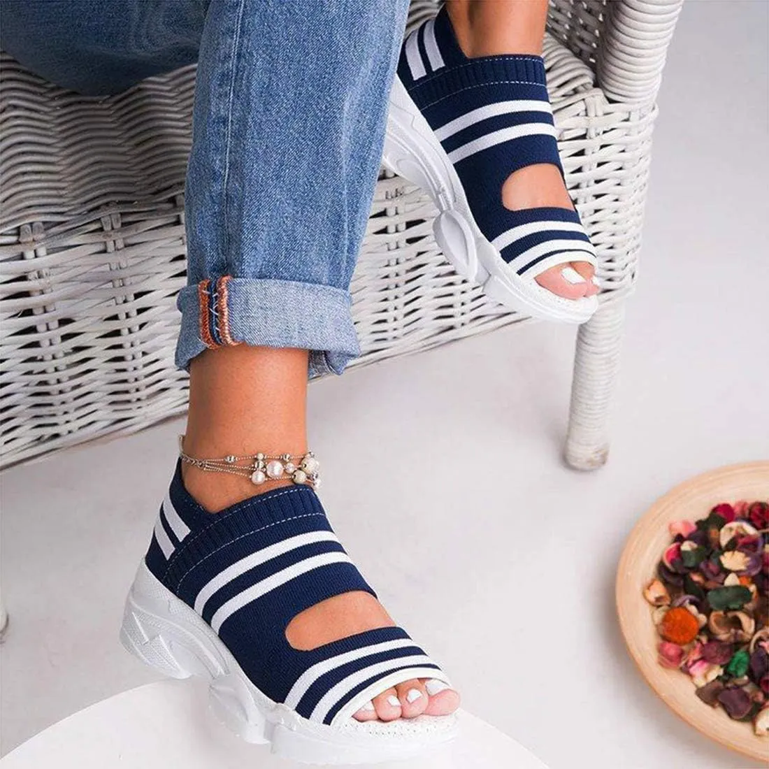 Woman Platform Sandals, Slip On Shoes Anti-Slip Walking Knitting Sock Sneakers Thick Bottom Platform Sandals Shoes Women Summer Casual Strappy Elastic Platform Sports Fish Mouth Shoes