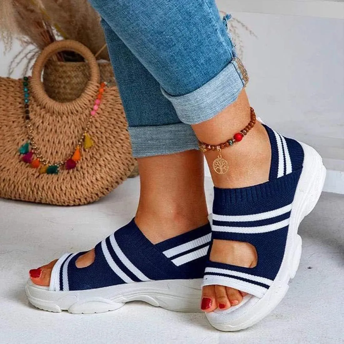 Woman Platform Sandals, Slip On Shoes Anti-Slip Walking Knitting Sock Sneakers Thick Bottom Platform Sandals Shoes Women Summer Casual Strappy Elastic Platform Sports Fish Mouth Shoes