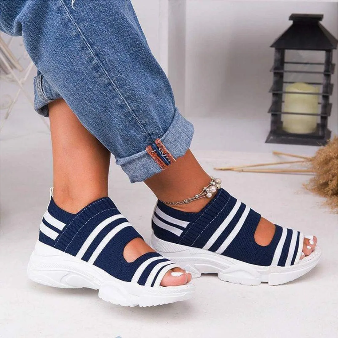 Woman Platform Sandals, Slip On Shoes Anti-Slip Walking Knitting Sock Sneakers Thick Bottom Platform Sandals Shoes Women Summer Casual Strappy Elastic Platform Sports Fish Mouth Shoes