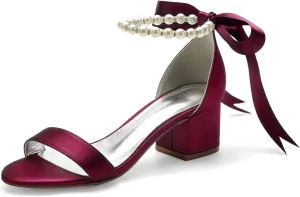 Women Block Heel Satin Pearls Wedding Sandals Open Toe Ribbon Tie Party Dress Heeled Sandal Shoes 702-7