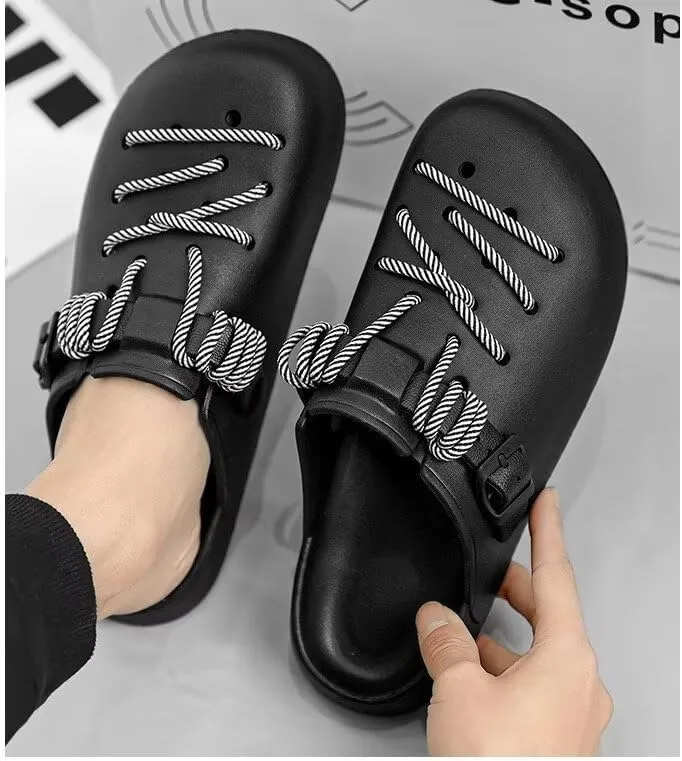 Women Casual Sandals Contrast Lace Round Toe and Thick Sole Lightweight Slip On EVA Mules and Clogs