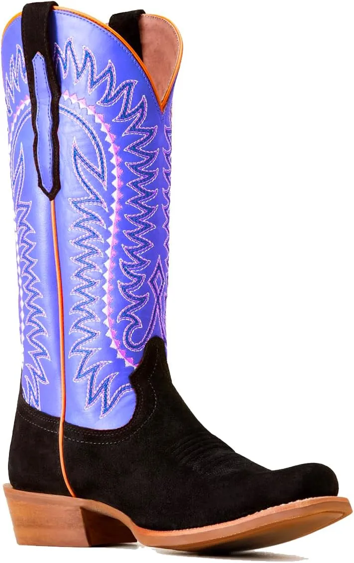Women Mid Calf Cowboy Boots Embroidered Square Toe Chunky Heel Western Boots Calf High Two Tone 2” Stacked Heel Cowgirl Calf Boots Patchwork Matte Suede Pull On Wide Calf 4-11 M US