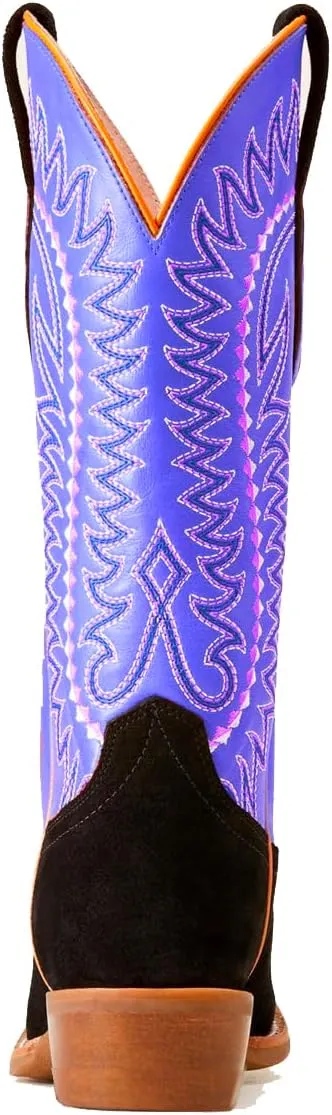 Women Mid Calf Cowboy Boots Embroidered Square Toe Chunky Heel Western Boots Calf High Two Tone 2” Stacked Heel Cowgirl Calf Boots Patchwork Matte Suede Pull On Wide Calf 4-11 M US