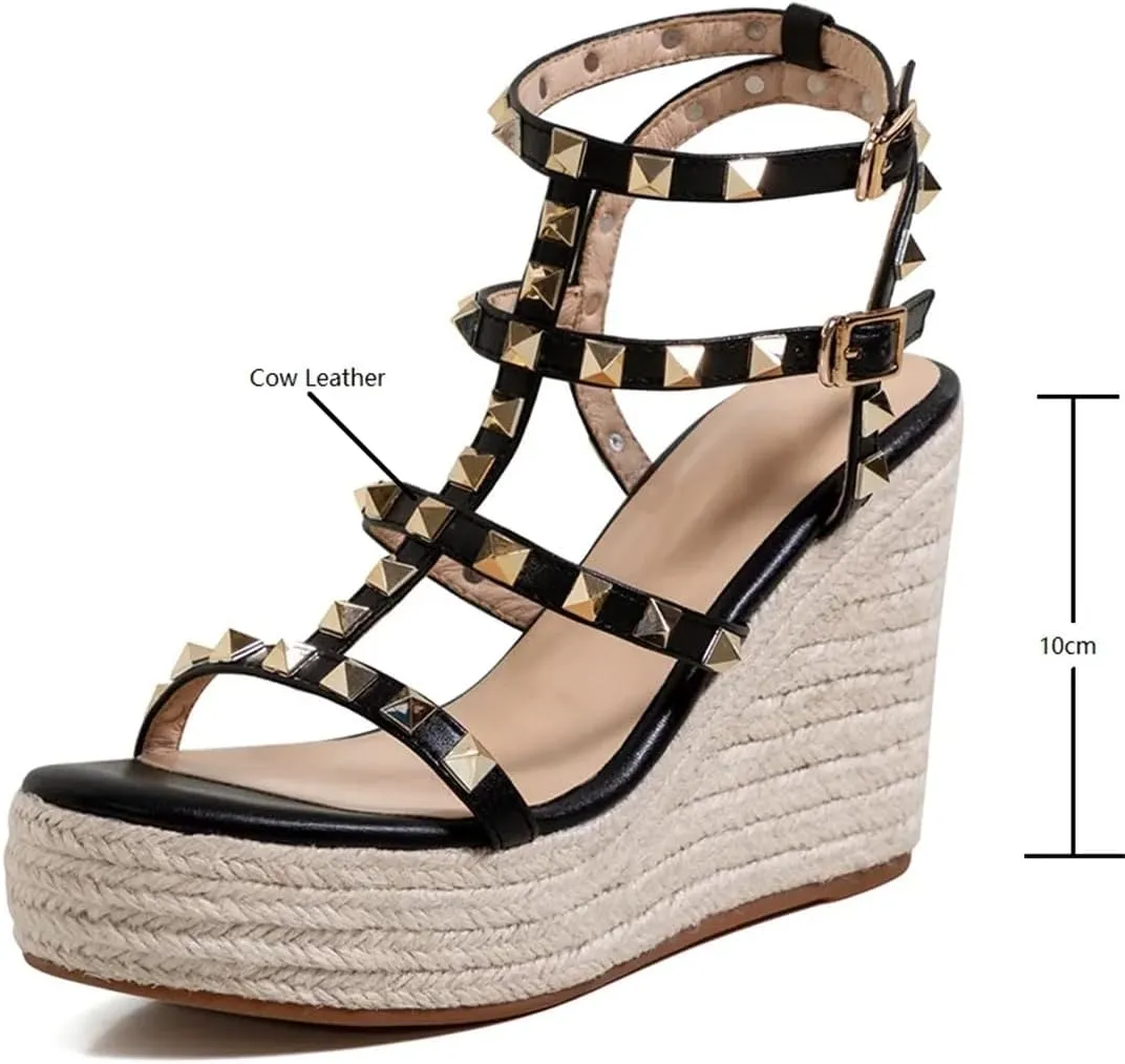 Women Platform High Heels Sandals Open Toe Studded Solid Color Wedges Runway Party Summer Shoes