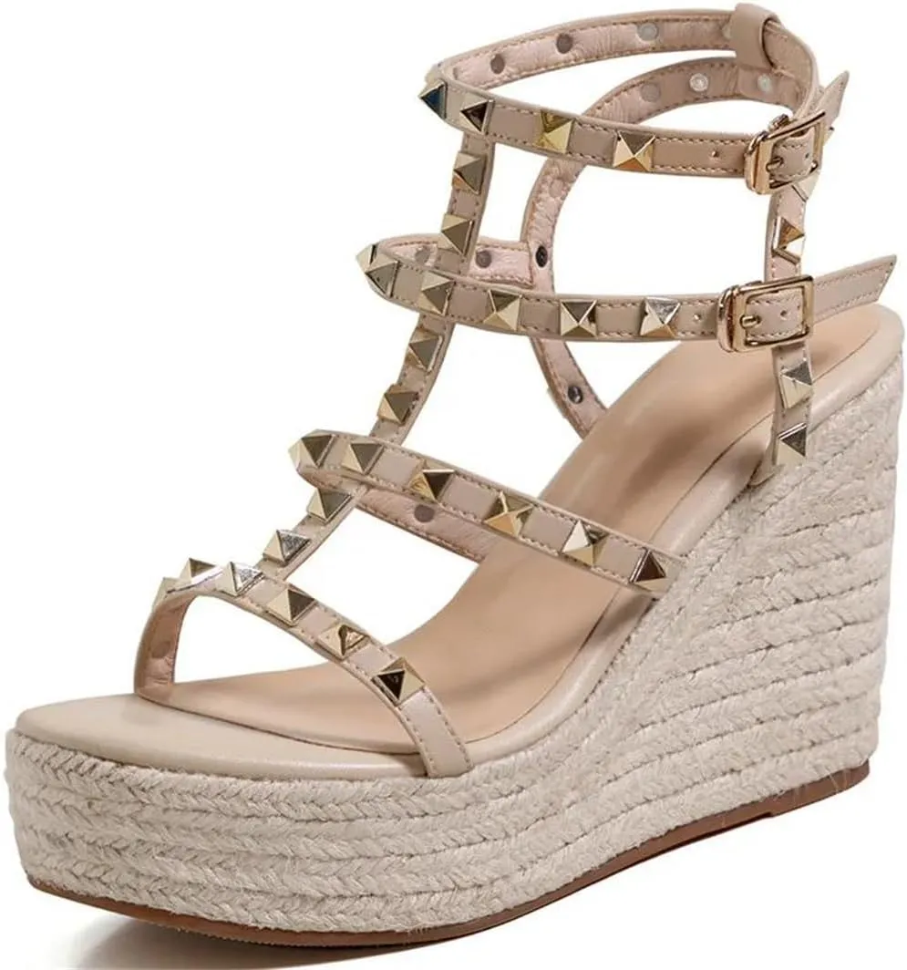 Women Platform High Heels Sandals Open Toe Studded Solid Color Wedges Runway Party Summer Shoes