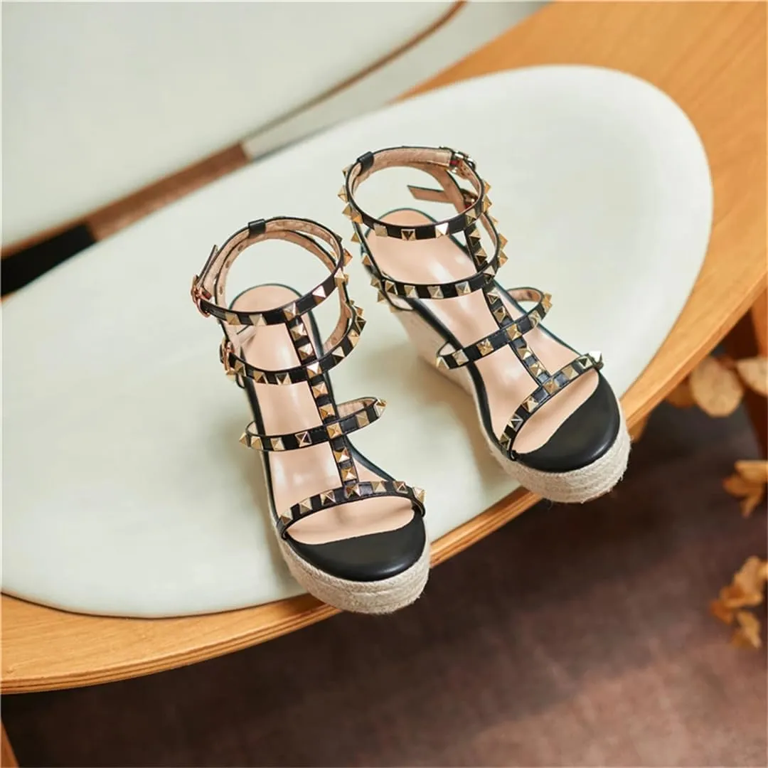 Women Platform High Heels Sandals Open Toe Studded Solid Color Wedges Runway Party Summer Shoes