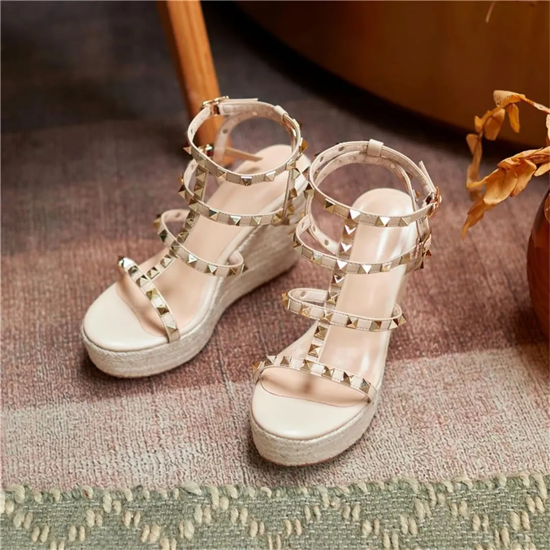 Women Platform High Heels Sandals Open Toe Studded Solid Color Wedges Runway Party Summer Shoes