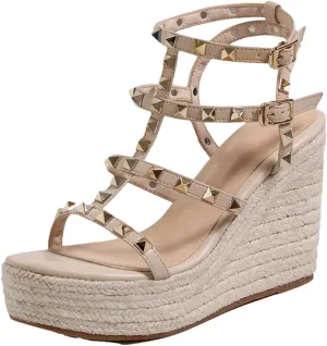 Women Platform High Heels Sandals Open Toe Studded Solid Color Wedges Runway Party Summer Shoes