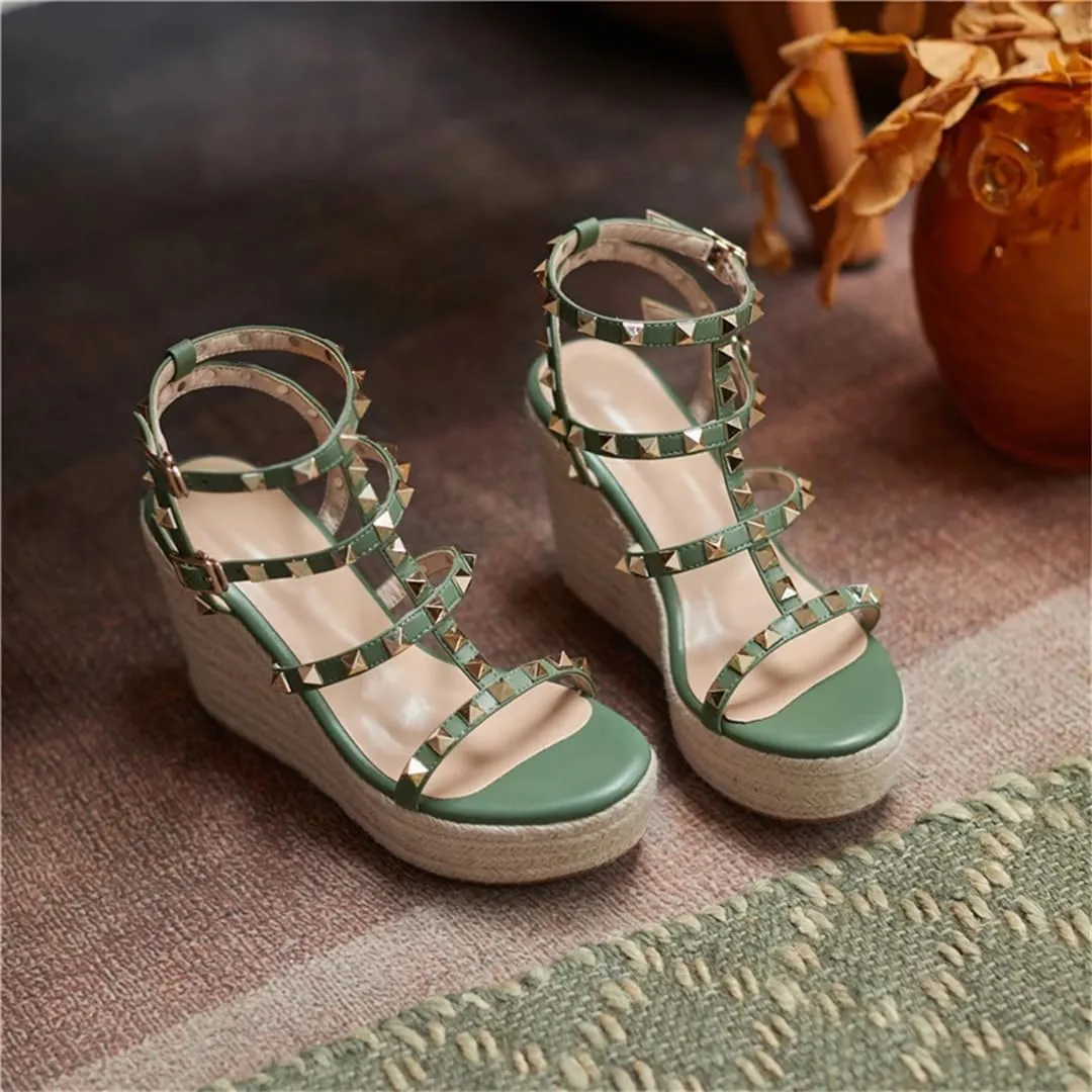 Women Platform High Heels Sandals Open Toe Studded Solid Color Wedges Runway Party Summer Shoes