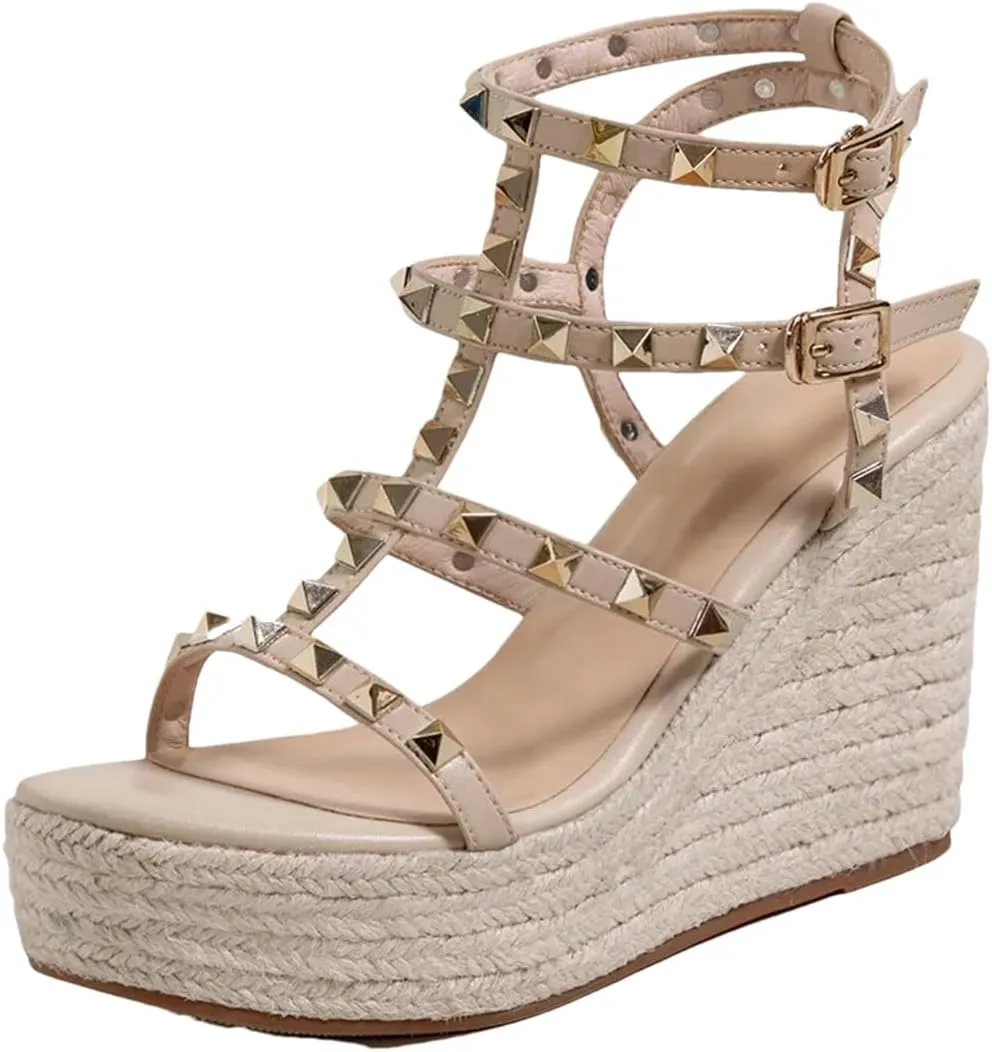 Women Platform High Heels Sandals Open Toe Studded Solid Color Wedges Runway Party Summer Shoes