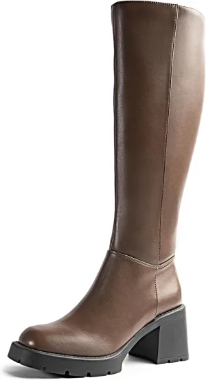 Women Platform Knee High Boots with Chunky Heel, Square Toe Fashion Tall Boots with Lug Sole and Side Zipper