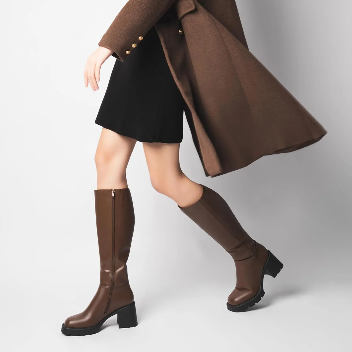 Women Platform Knee High Boots with Chunky Heel, Square Toe Fashion Tall Boots with Lug Sole and Side Zipper
