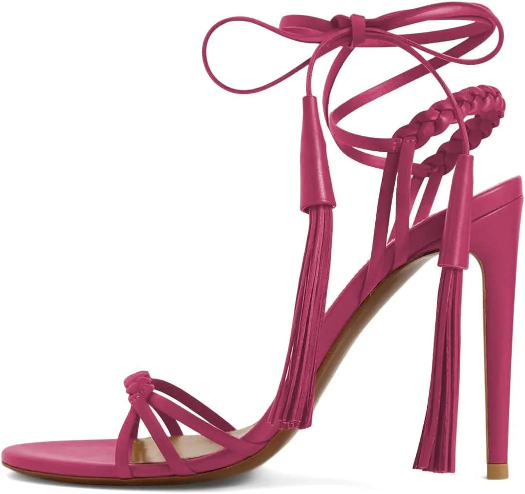 Women Sexy Open Round Toe Lace up Tassels Strappy Sandals Tie up Ankle Wrap Stiletto High Heels Graceful Wedding Evening Event Dressy Shoes Size 4-16 US