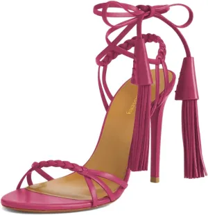 Women Sexy Open Round Toe Lace up Tassels Strappy Sandals Tie up Ankle Wrap Stiletto High Heels Graceful Wedding Evening Event Dressy Shoes Size 4-16 US