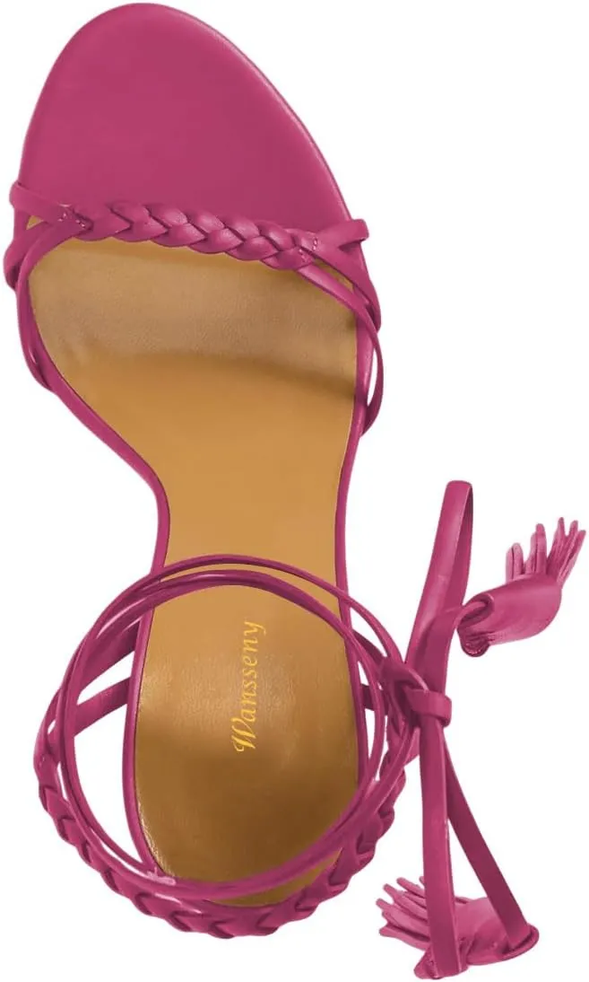 Women Sexy Open Round Toe Lace up Tassels Strappy Sandals Tie up Ankle Wrap Stiletto High Heels Graceful Wedding Evening Event Dressy Shoes Size 4-16 US