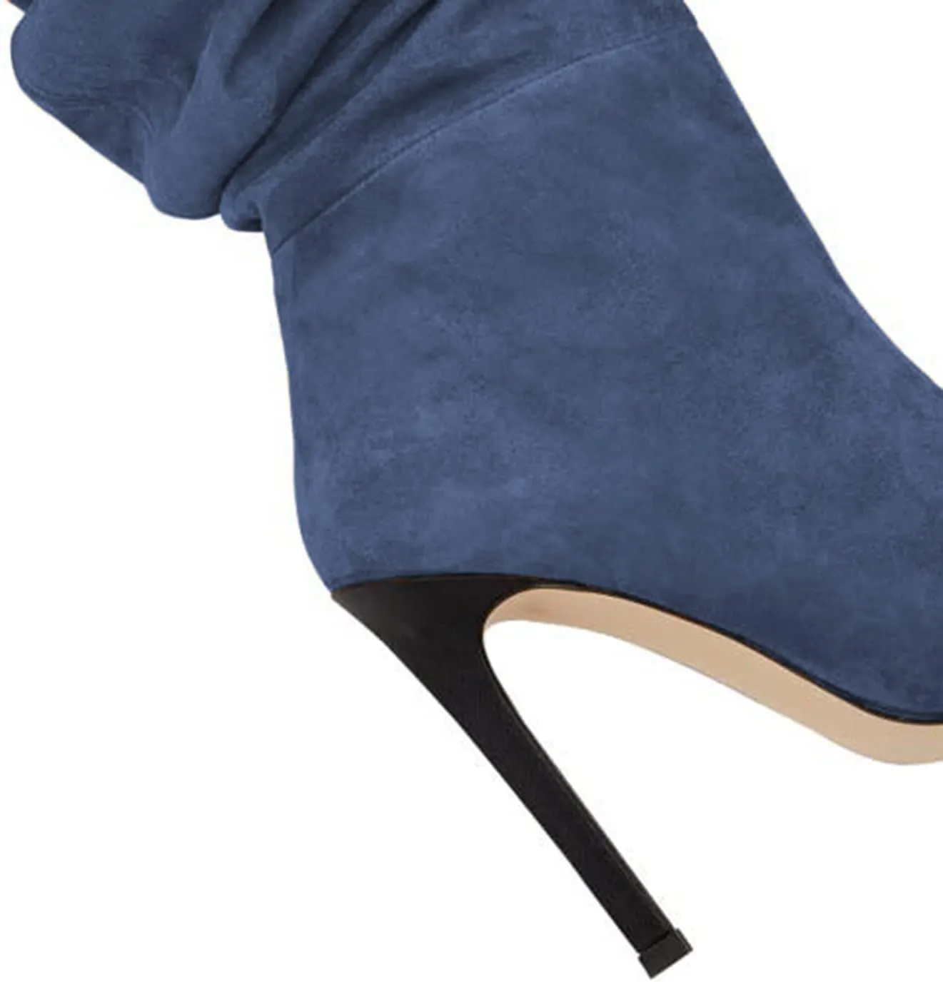 Women Soft Plicated Suede Stiletto Heel Knee High Boots, Sexy Cap Toe Thigh Boots, Retro Patchwork Black Mid-Calf Boots, Stretch Slip-on Winter Warm Boots for Dress up, Full Size 4-16 M US