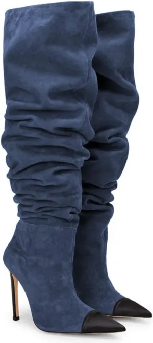 Women Soft Plicated Suede Stiletto Heel Knee High Boots, Sexy Cap Toe Thigh Boots, Retro Patchwork Black Mid-Calf Boots, Stretch Slip-on Winter Warm Boots for Dress up, Full Size 4-16 M US
