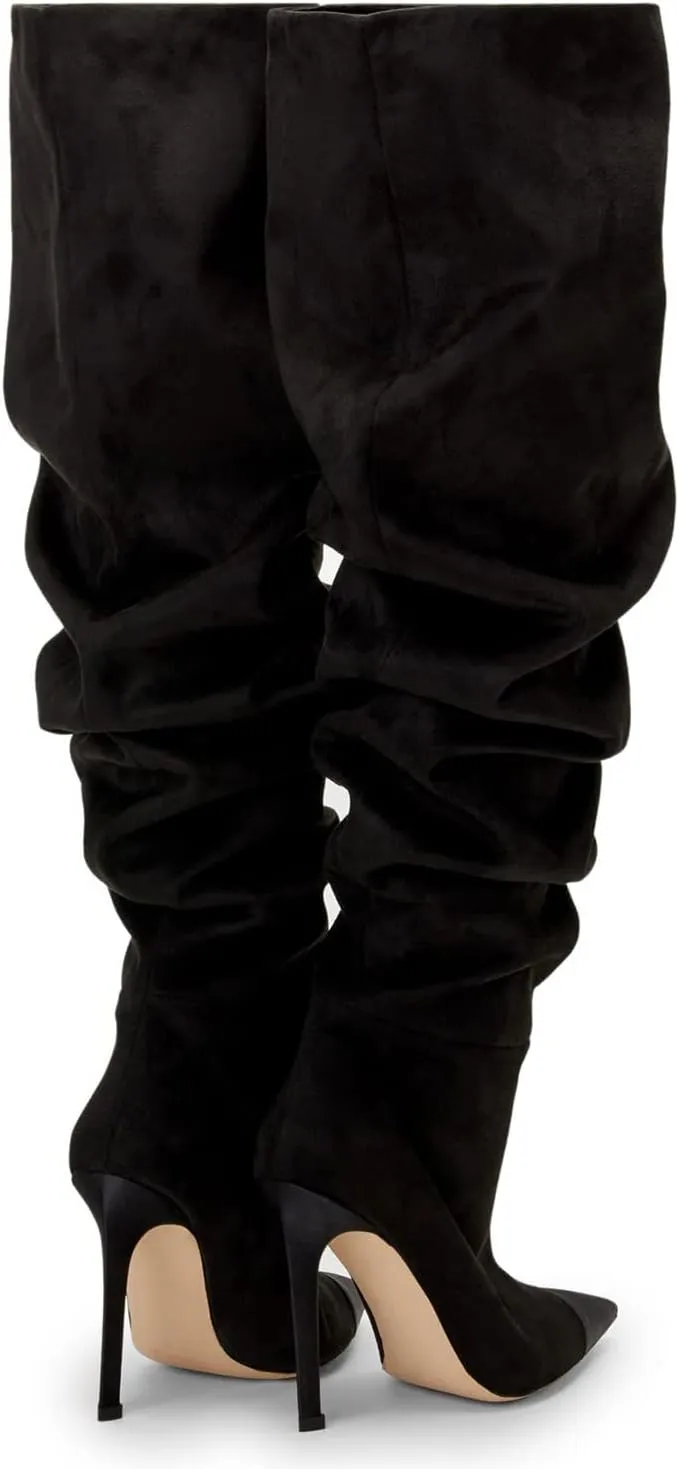 Women Soft Plicated Suede Stiletto Heel Knee High Boots, Sexy Cap Toe Thigh Boots, Retro Patchwork Black Mid-Calf Boots, Stretch Slip-on Winter Warm Boots for Dress up, Full Size 4-16 M US