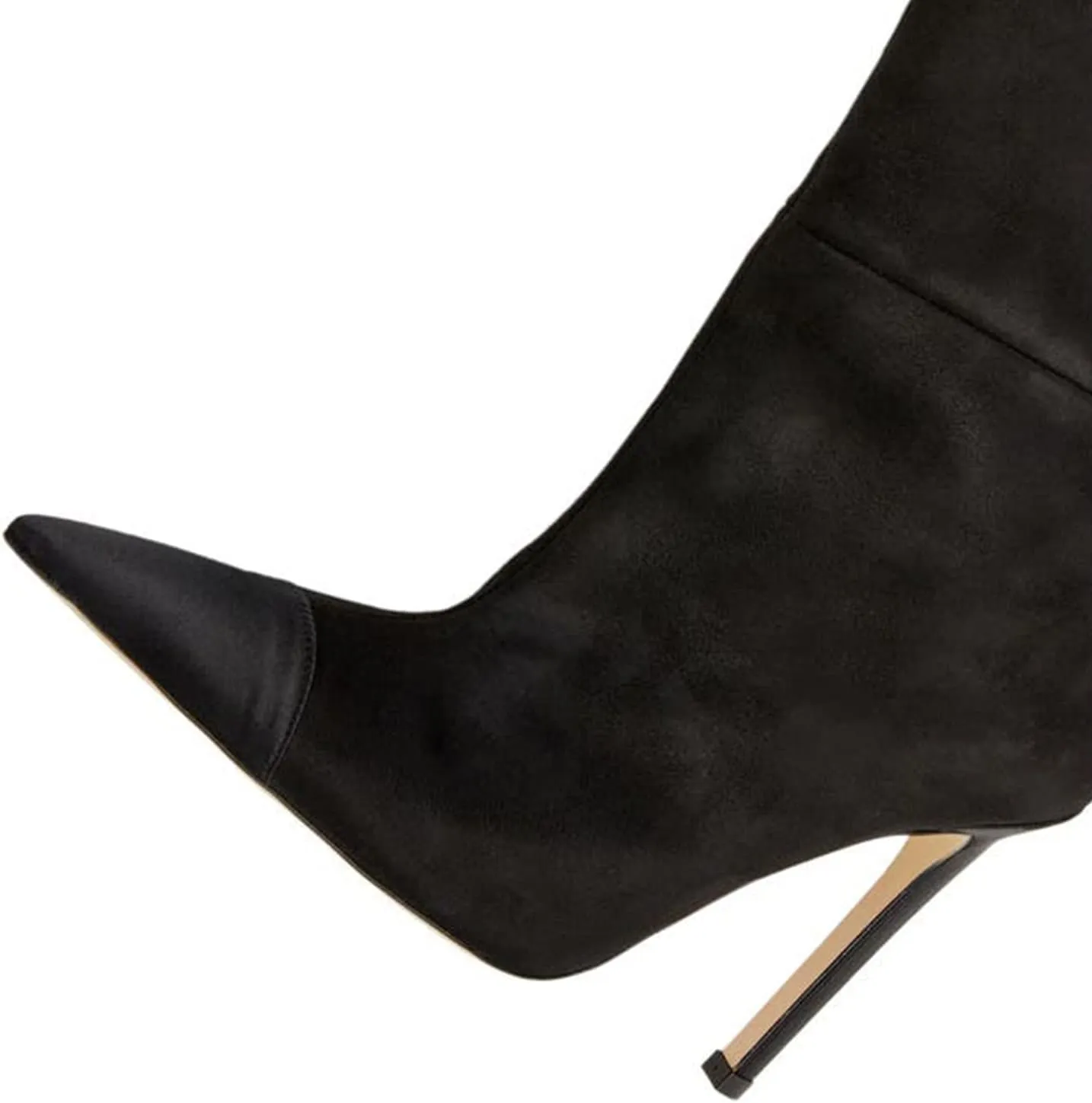 Women Soft Plicated Suede Stiletto Heel Knee High Boots, Sexy Cap Toe Thigh Boots, Retro Patchwork Black Mid-Calf Boots, Stretch Slip-on Winter Warm Boots for Dress up, Full Size 4-16 M US