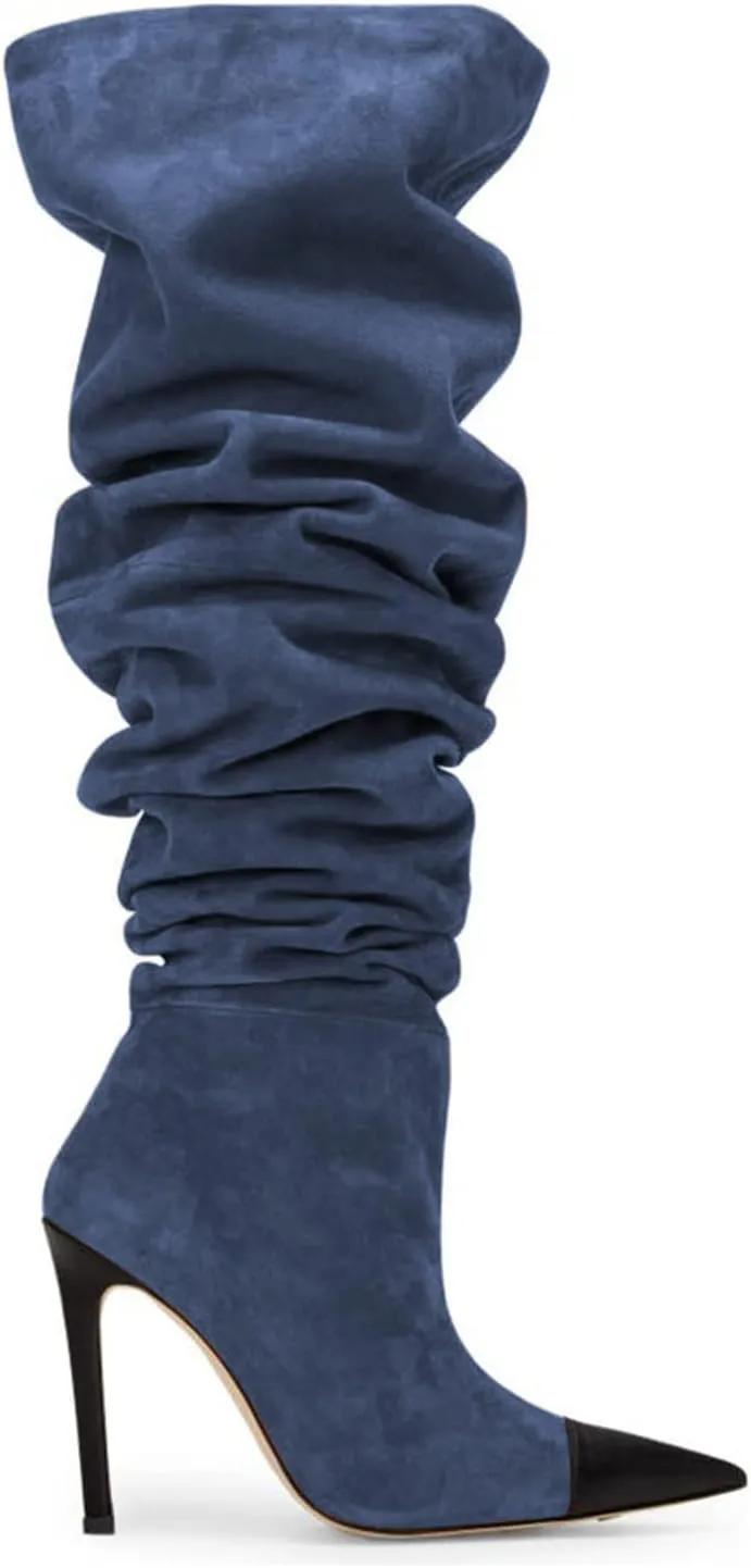 Women Soft Plicated Suede Stiletto Heel Knee High Boots, Sexy Cap Toe Thigh Boots, Retro Patchwork Black Mid-Calf Boots, Stretch Slip-on Winter Warm Boots for Dress up, Full Size 4-16 M US