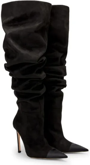 Women Soft Plicated Suede Stiletto Heel Knee High Boots, Sexy Cap Toe Thigh Boots, Retro Patchwork Black Mid-Calf Boots, Stretch Slip-on Winter Warm Boots for Dress up, Full Size 4-16 M US