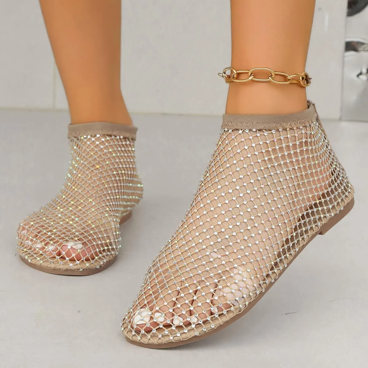 Women Sparkling Rhinestone Mesh Flat Sandals Slip-On Hollow Out Casual Fashionable Party Breathable Comfortable Shoes