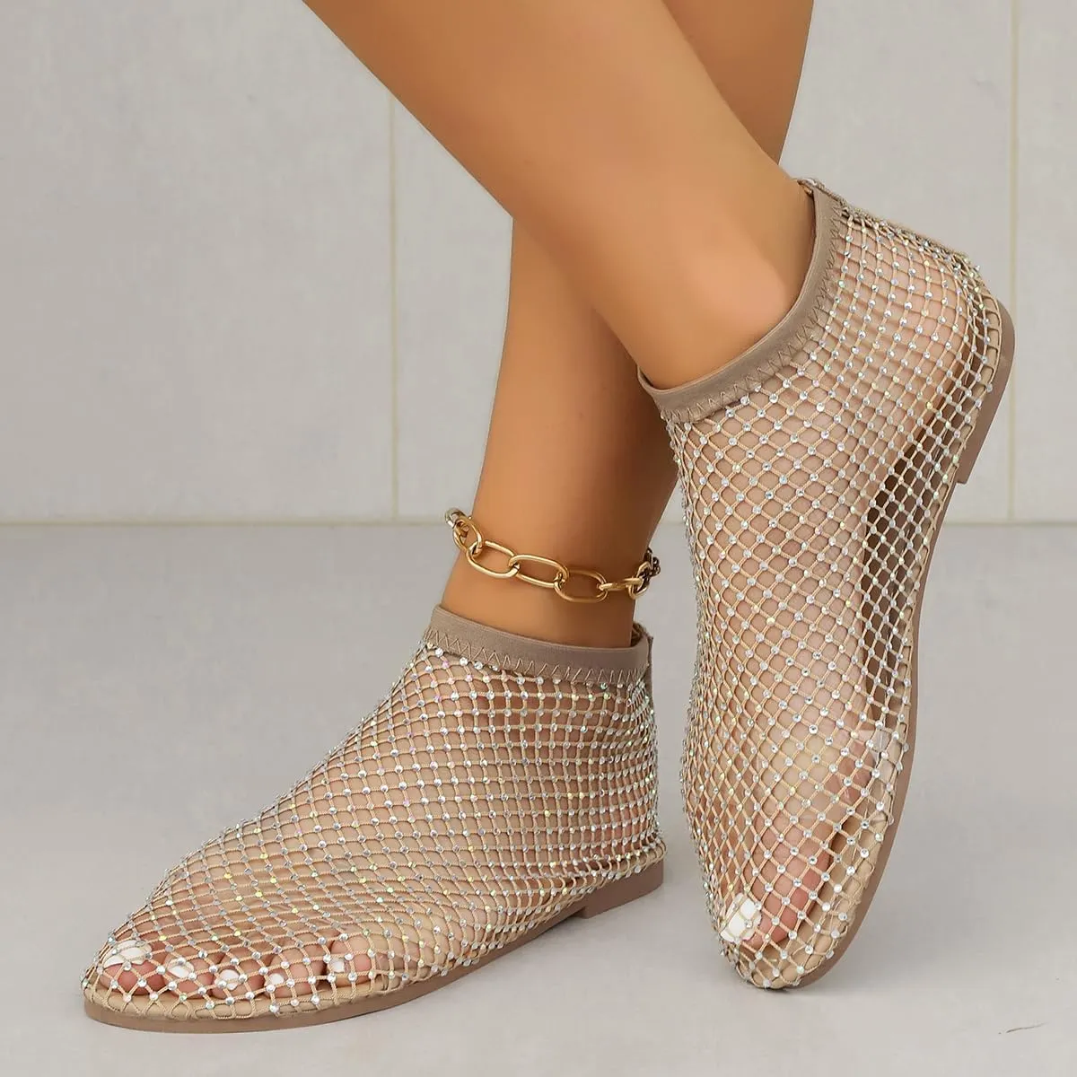 Women Sparkling Rhinestone Mesh Flat Sandals Slip-On Hollow Out Casual Fashionable Party Breathable Comfortable Shoes