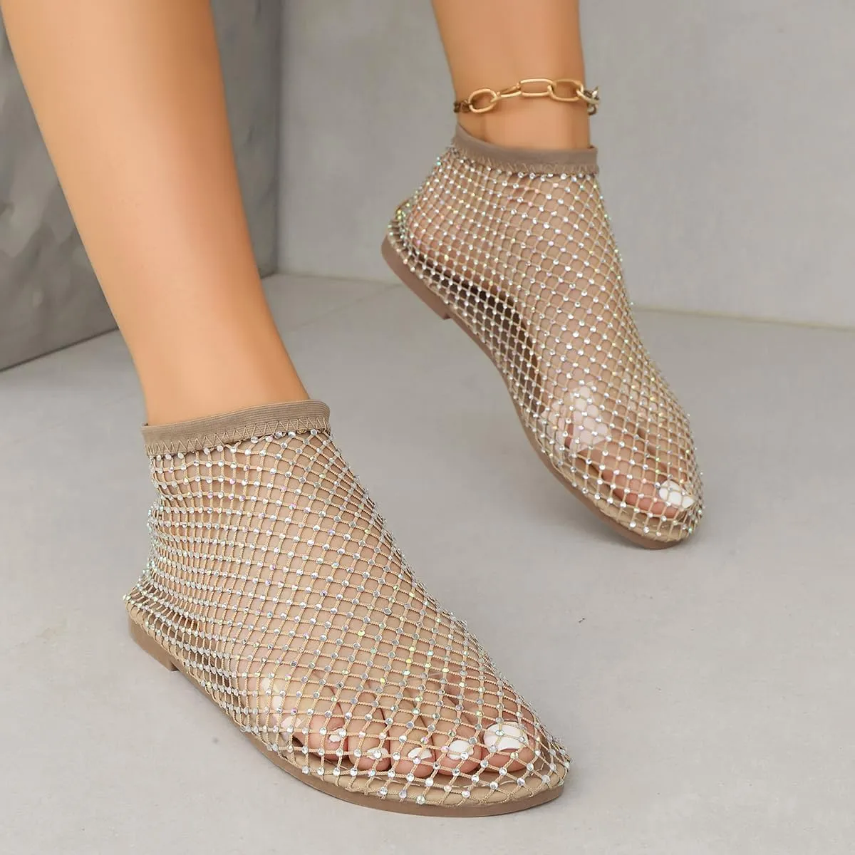 Women Sparkling Rhinestone Mesh Flat Sandals Slip-On Hollow Out Casual Fashionable Party Breathable Comfortable Shoes