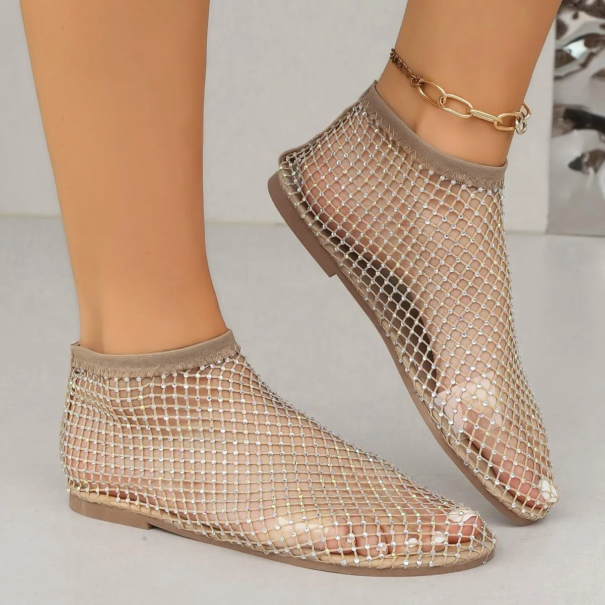 Women Sparkling Rhinestone Mesh Flat Sandals Slip-On Hollow Out Casual Fashionable Party Breathable Comfortable Shoes