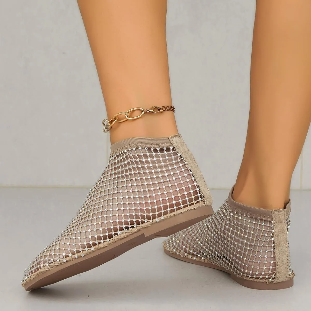 Women Sparkling Rhinestone Mesh Flat Sandals Slip-On Hollow Out Casual Fashionable Party Breathable Comfortable Shoes