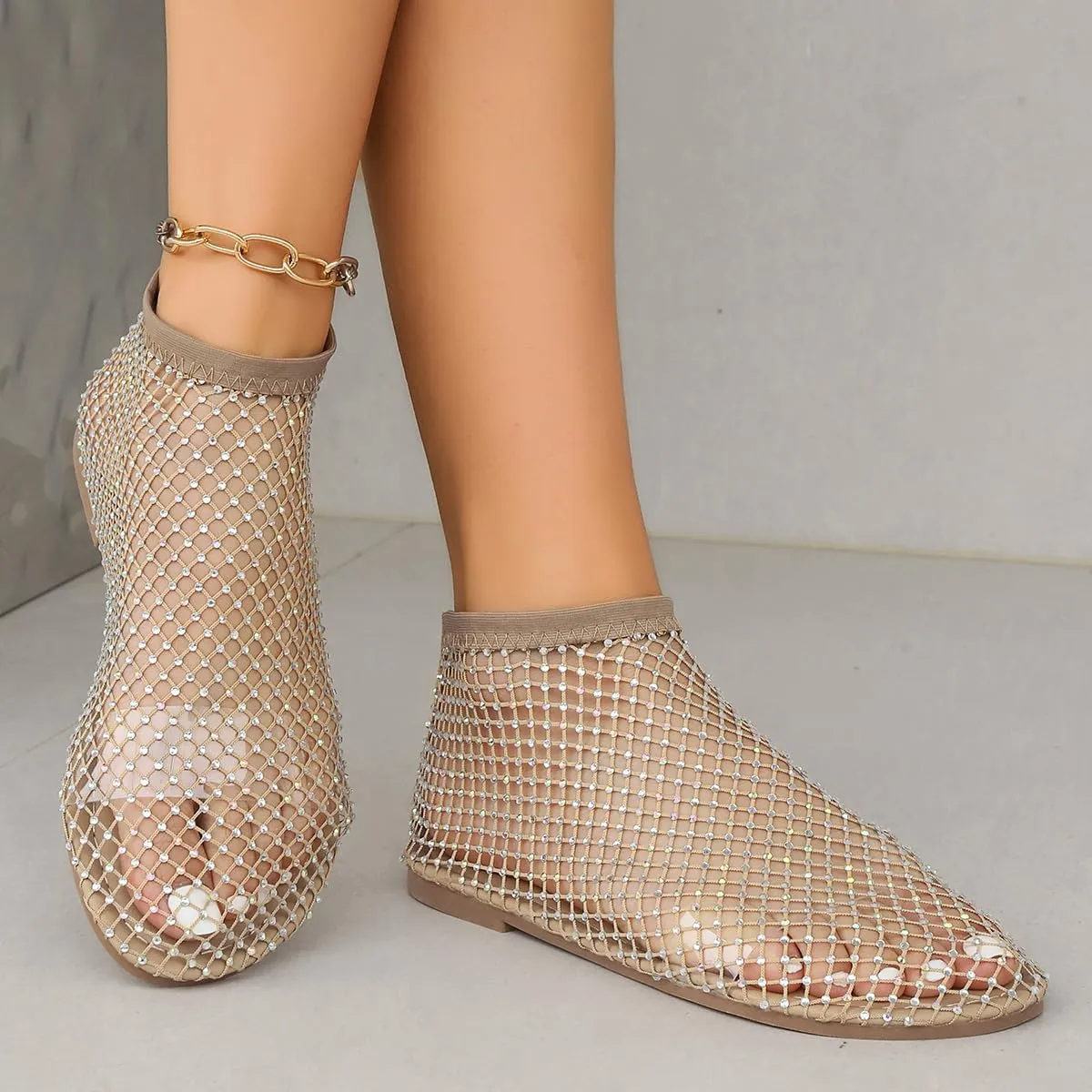 Women Sparkling Rhinestone Mesh Flat Sandals Slip-On Hollow Out Casual Fashionable Party Breathable Comfortable Shoes