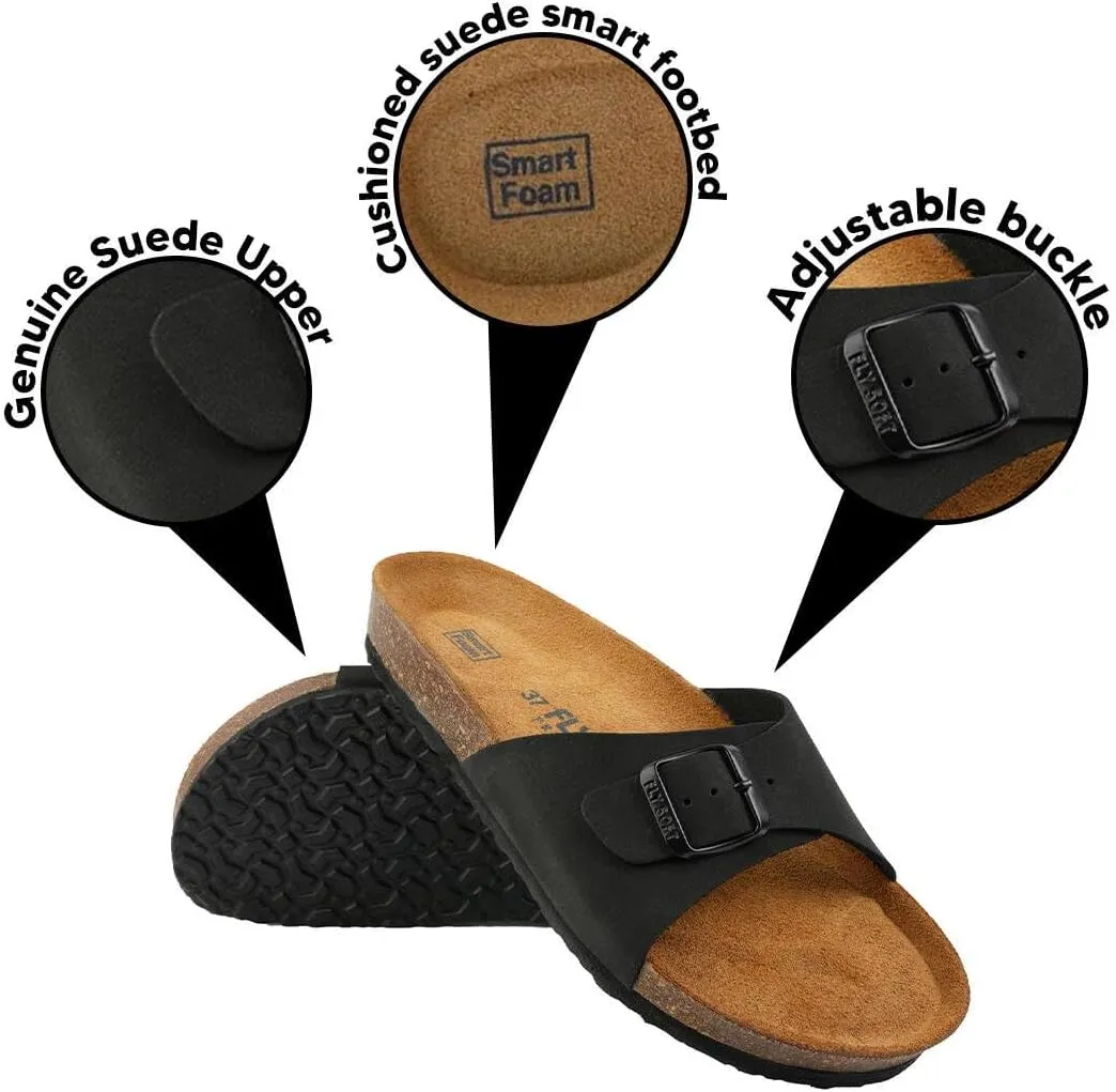 Women's 100% Genuine Leather Sandals - Comfortable Smart Foam Footbed, Slip-On Slides for Summer Wear, Adjustable Fit and Durable Non-Slip Sole
