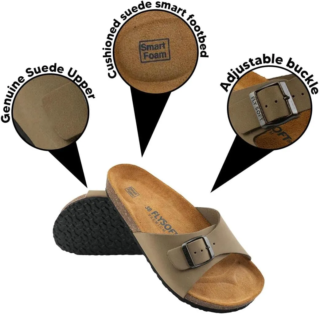 Women's 100% Genuine Leather Sandals - Comfortable Smart Foam Footbed, Slip-On Slides for Summer Wear, Adjustable Fit and Durable Non-Slip Sole