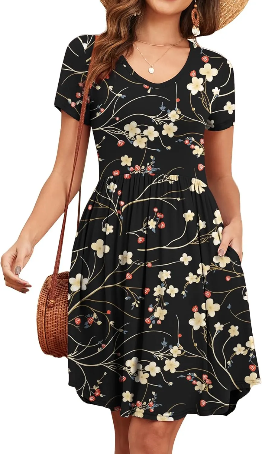 Women's 2025 Summer Short Sleeve Dresses Casual Loose Fit Swing T Shirt Dress V Neck Sundress with Pockets