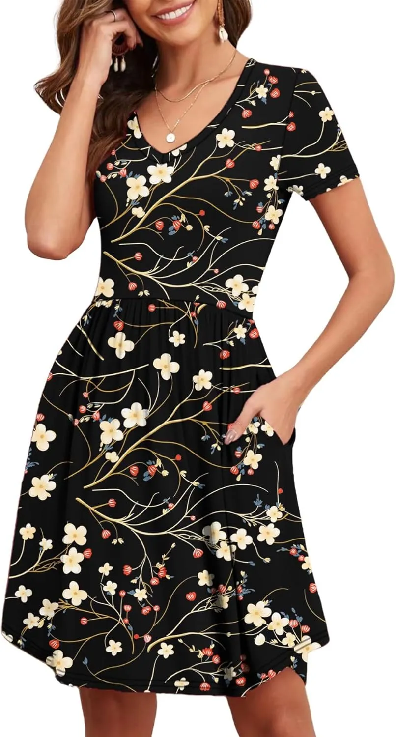 Women's 2025 Summer Short Sleeve Dresses Casual Loose Fit Swing T Shirt Dress V Neck Sundress with Pockets