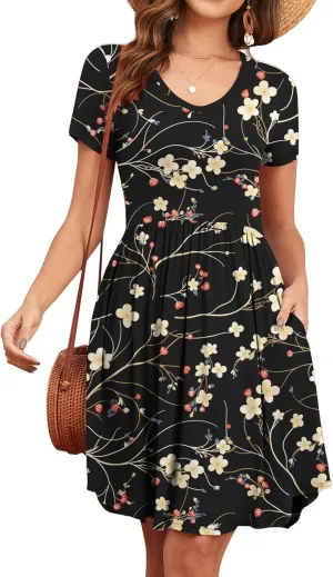 Women's 2025 Summer Short Sleeve Dresses Casual Loose Fit Swing T Shirt Dress V Neck Sundress with Pockets