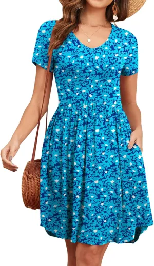 Women's 2025 Summer Short Sleeve Dresses Casual Loose Fit Swing T Shirt Dress V Neck Sundress with Pockets