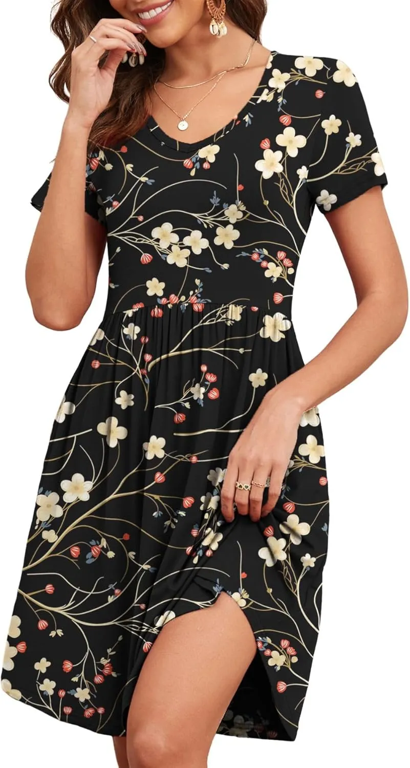 Women's 2025 Summer Short Sleeve Dresses Casual Loose Fit Swing T Shirt Dress V Neck Sundress with Pockets