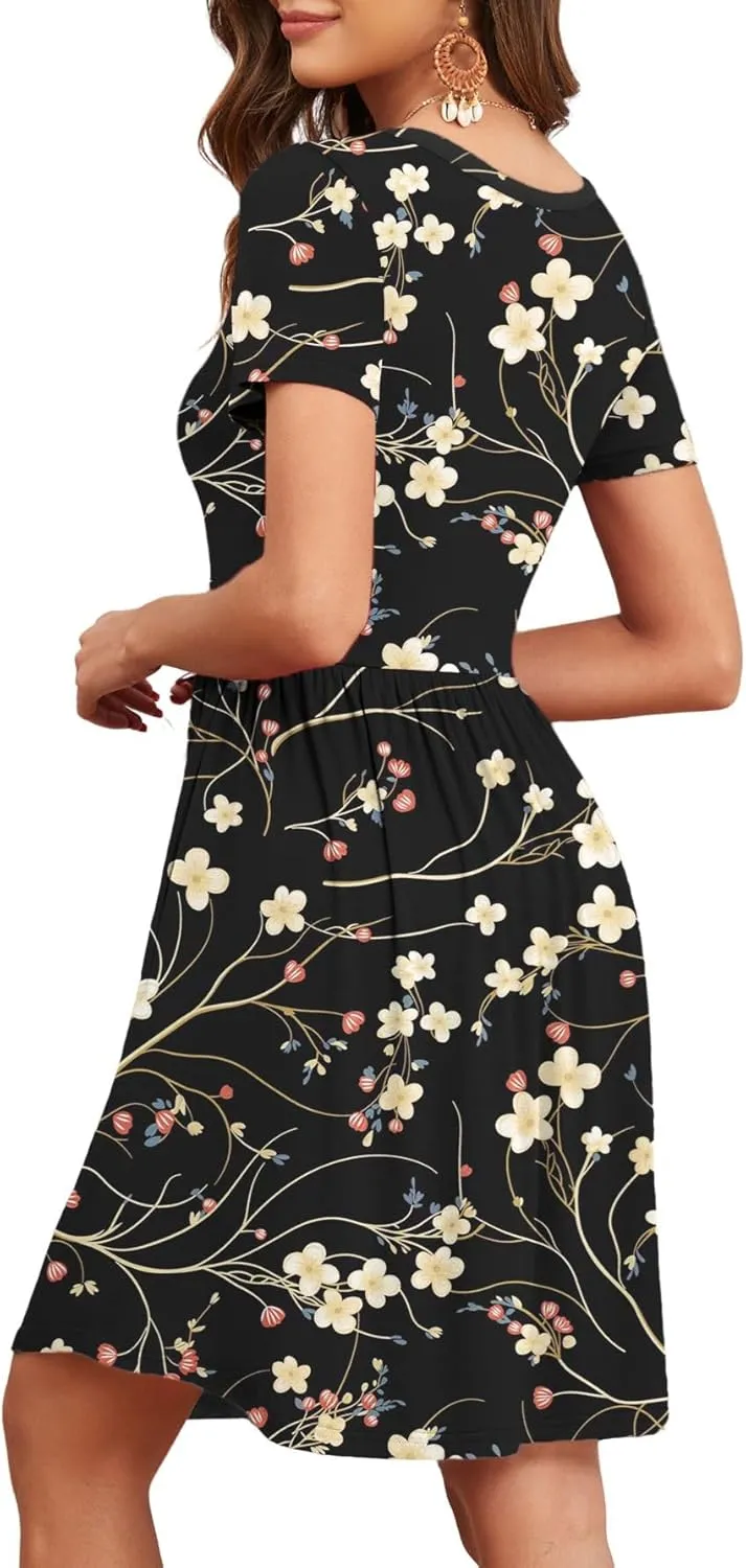 Women's 2025 Summer Short Sleeve Dresses Casual Loose Fit Swing T Shirt Dress V Neck Sundress with Pockets