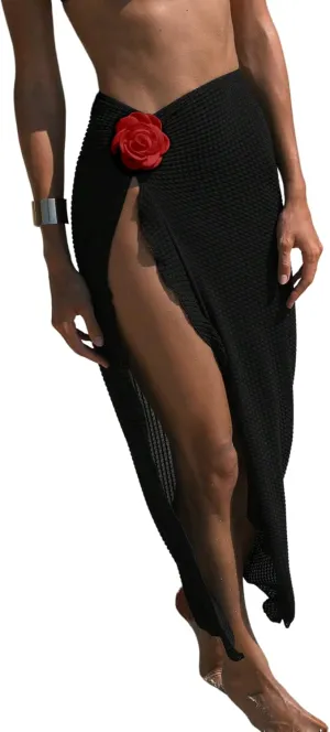 Women's Beach Cover Up Skirt 3D Flower Crochet Out High Split Swimsuit Bathing Suit Beach Skirt