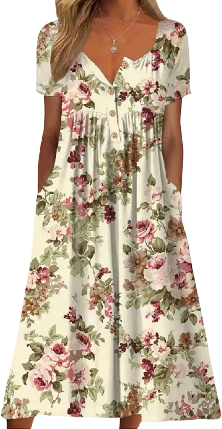 Women's Bohemian Casual Maxi Dress Summer Basic Loose Fit V-Neck Short Sleeve Long Dresses for Beach Vacation