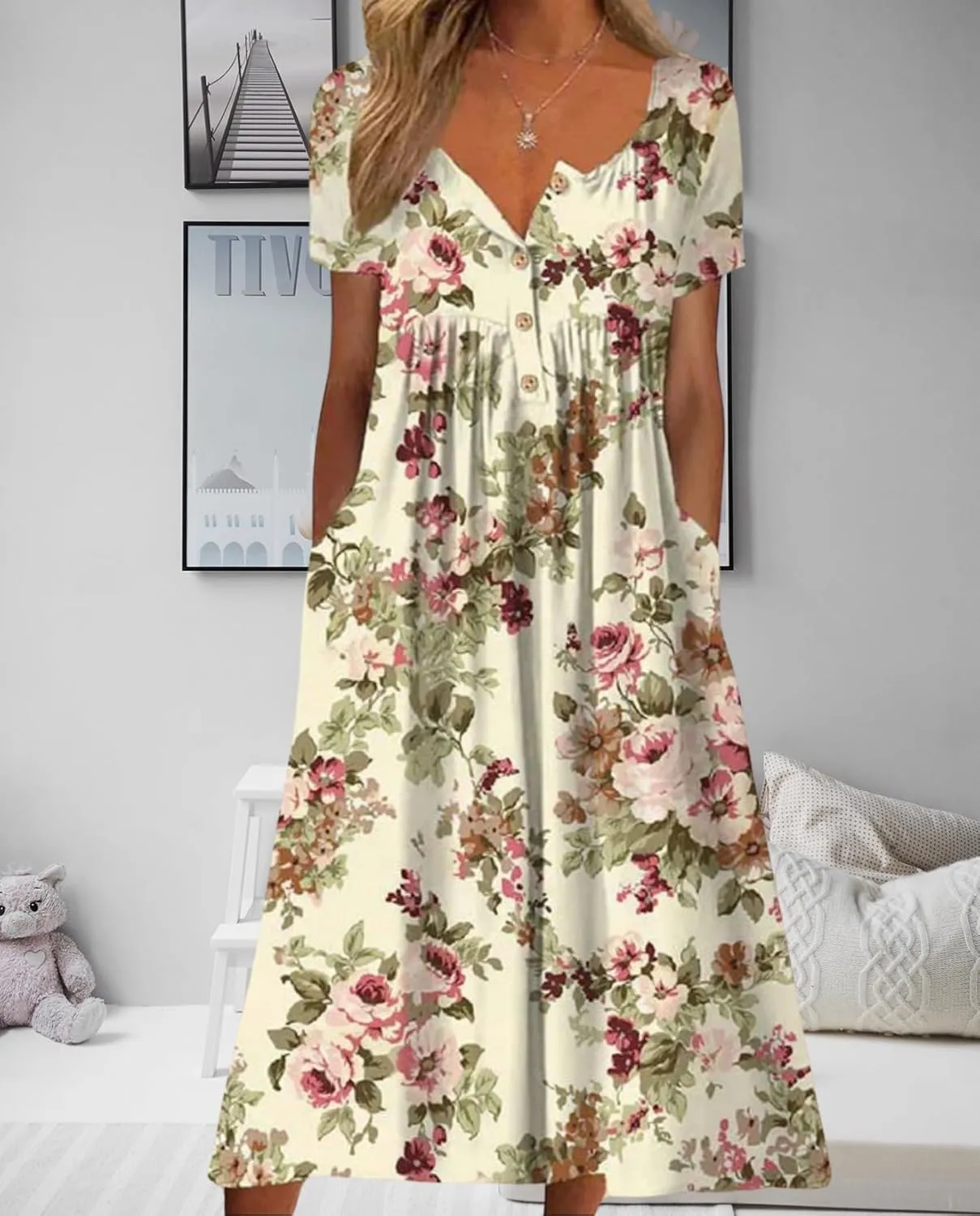 Women's Bohemian Casual Maxi Dress Summer Basic Loose Fit V-Neck Short Sleeve Long Dresses for Beach Vacation